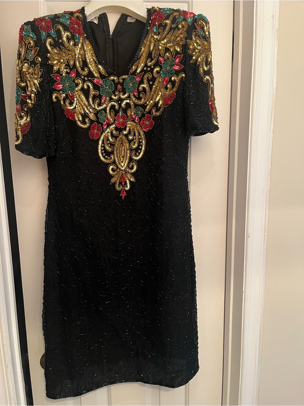 Scala Black Beaded Cocktail Dress with Gold, Red & Green Embroidery
